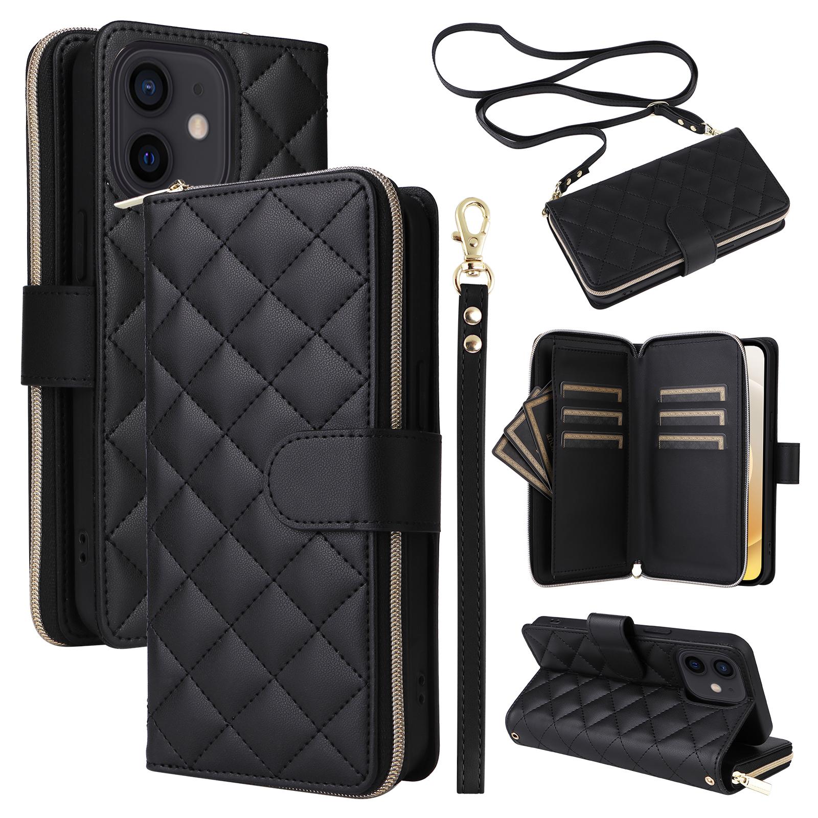 

For iPhone 12 mini Zipper Wallet Case Rhombus Leather Handbag Phone Cover Black