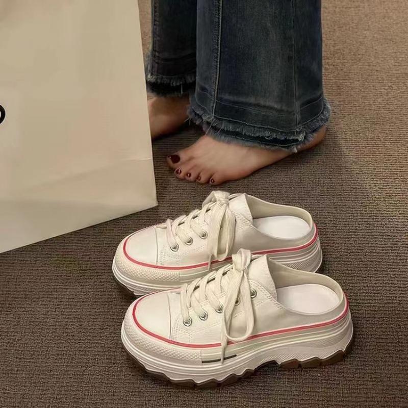 

Холщовые полутапочки женские весна-лето новые на толстой подошве на одном педале женские туфли с круглым носком студенческие ленивые повседневные 35 белый