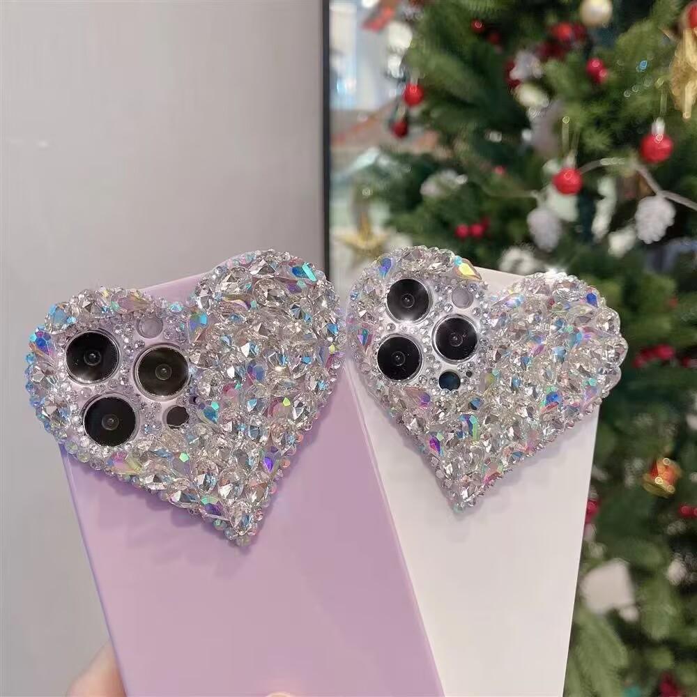 Case For iPhone 16 17 Air 15 Pro Max 14 Plus 13 Mini 12 Pro 11 7 8 SE2 Candy Blink 3D Diamond Heart StyleSoft Phone Case Cover