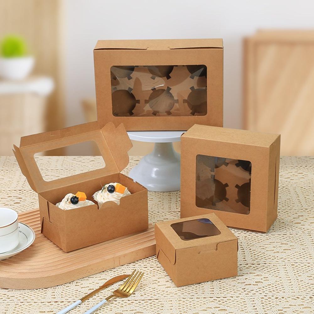 10 stk 1/2/4/6 hull Bakeemballasjeboks Gjennomsiktig vindu med innlegg Kakeboks Kraftpapir Muffinsbokser for Bursdag Bryllup