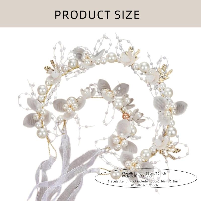 Flower Girl Tiaras Headband with Wrist Flower Artificial Pearls Flower Hairhoop For Wedding Dress And Formal Occasion