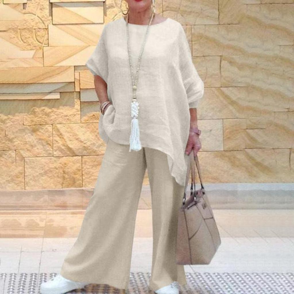 Women's Long Sleeve Loose Fit Solid Color 2 Piece Set Casual Tracksuit Top Wide Leg Long Pants