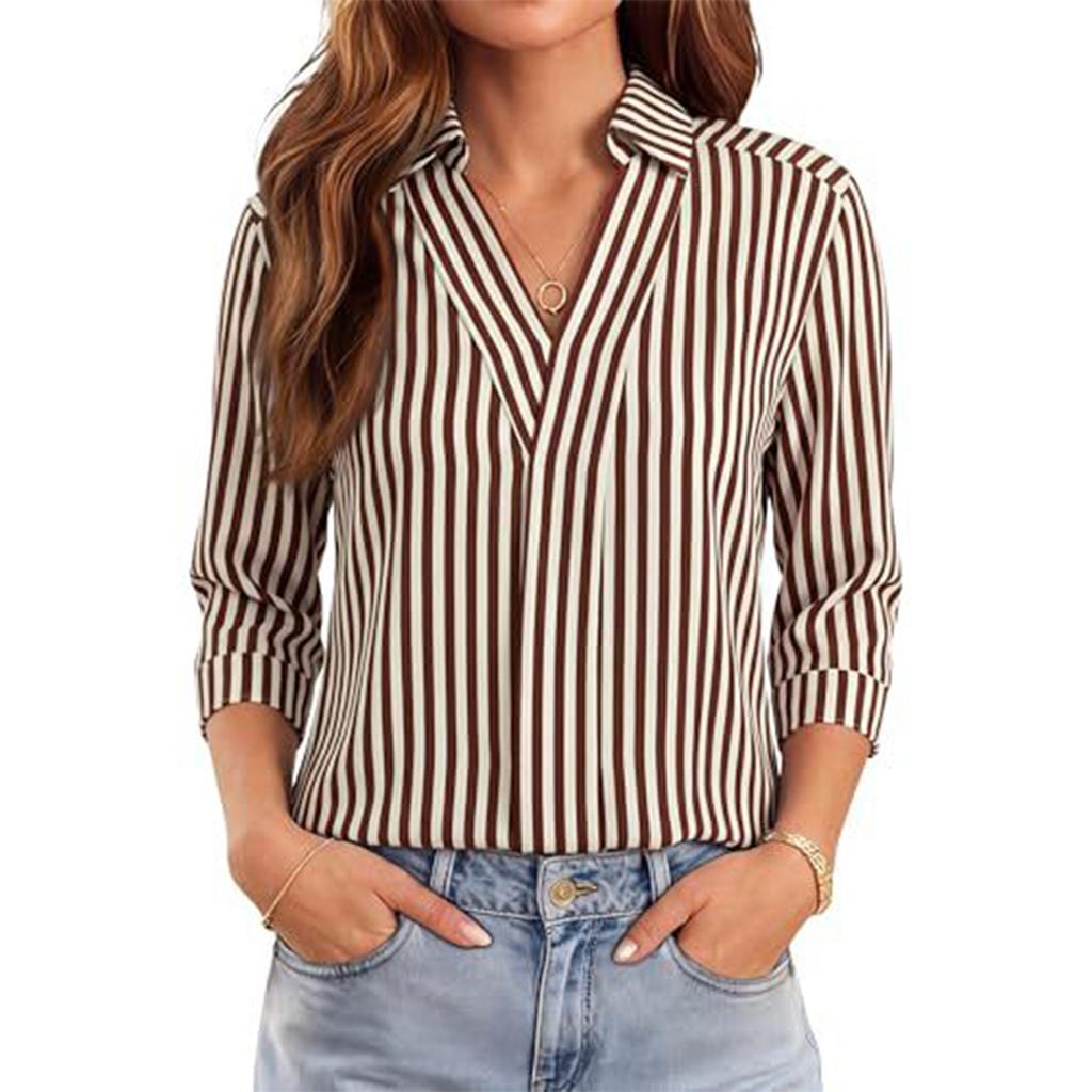 Damen V-Ausschnitt Gestreifte Bluse 3/4 Ärmel Business Casual Oberteil für die Arbeit