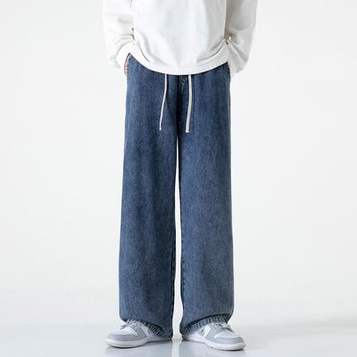 Retro Blue Grey Water Washing Plus Velvet Thickened Jeans for Men and Women Loose Straight Wide-leg Trousers