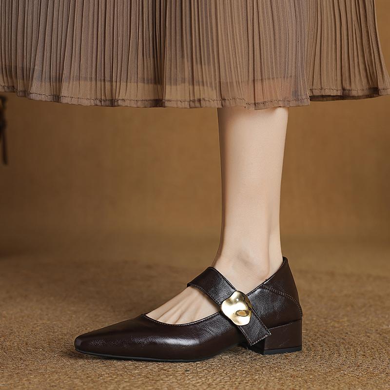 Women's Thick Heel Shoes Autumn New Pointed Head Shallow Mouth Metal Buckle Soft Sole Non-slip Low Top Shoes