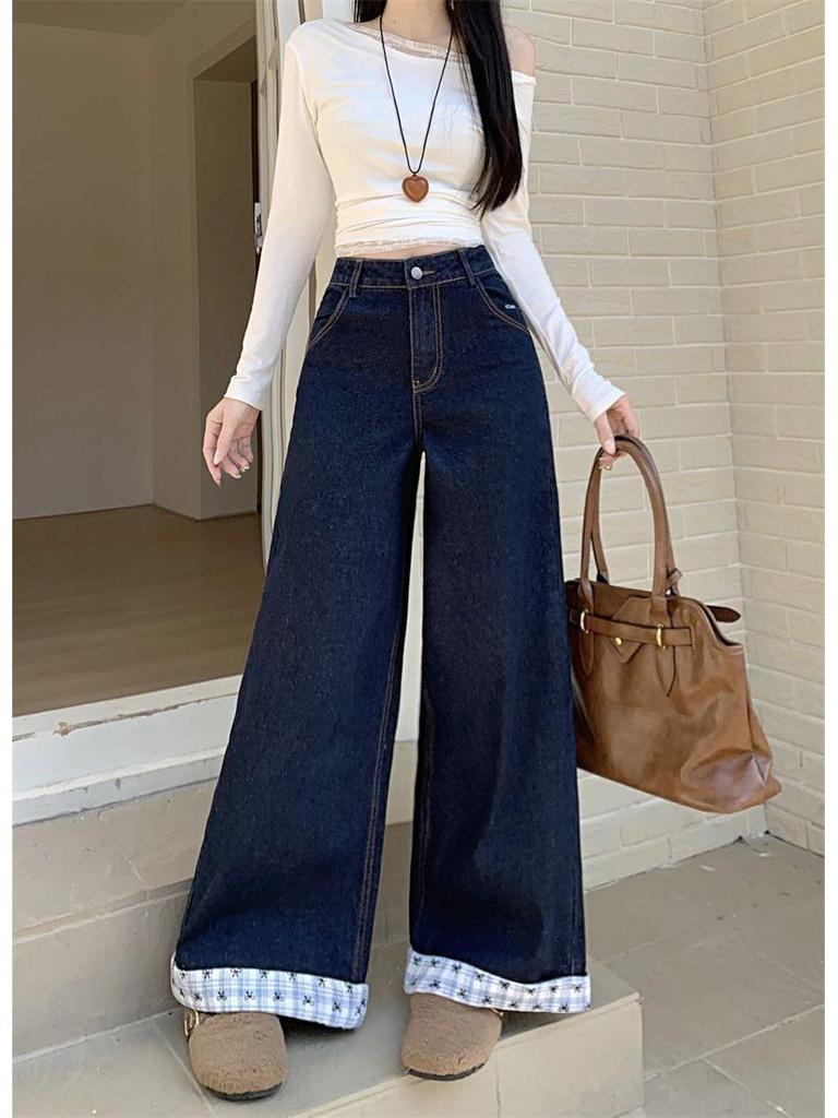 Damen Übergröße Hohe Taille Patchwork Schmetterling Bestickt Weites Bein Jeans