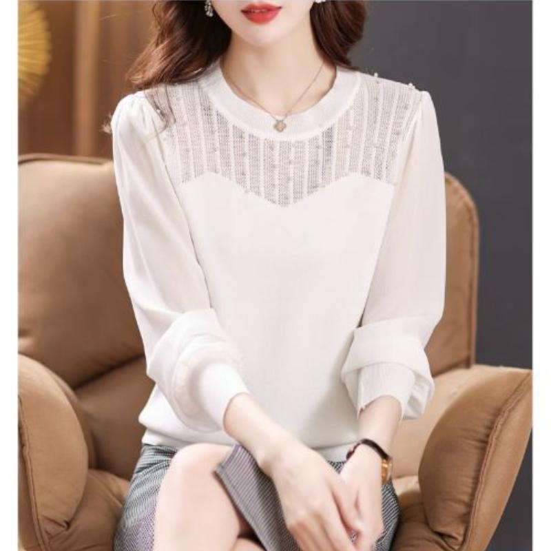 Mesh Sleeved Bottoming Shirt for Women's Spring Autumn Hollowed Out Knittwear New Ice Silk Long Sleeved T-shirt Knitted Top
