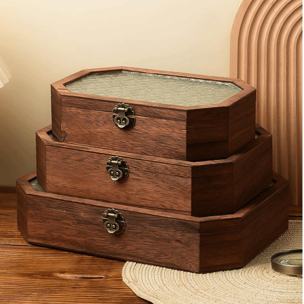Luxury Wooden Cosmetic Storage Box Multi-Functional Glass Floral Storage Cabinet Flip Cover Jewelry Box Jewelry
