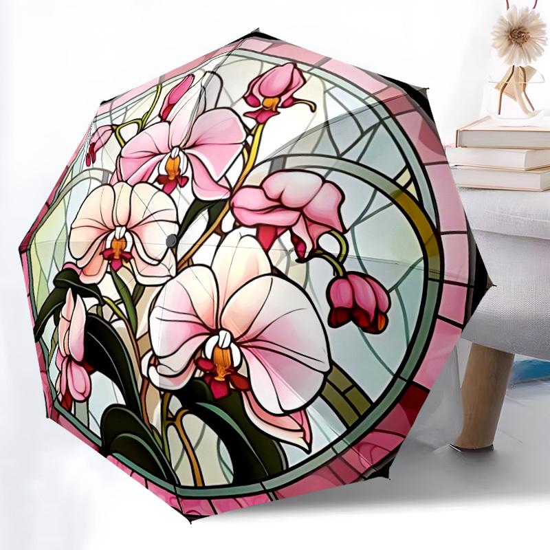 

1pc Orchid Stained Glass Automatic Umbrella | Portable Foldable 8-Rib Manual Open, Cute Birthday & Holiday Gift for Outdoor yy260107118