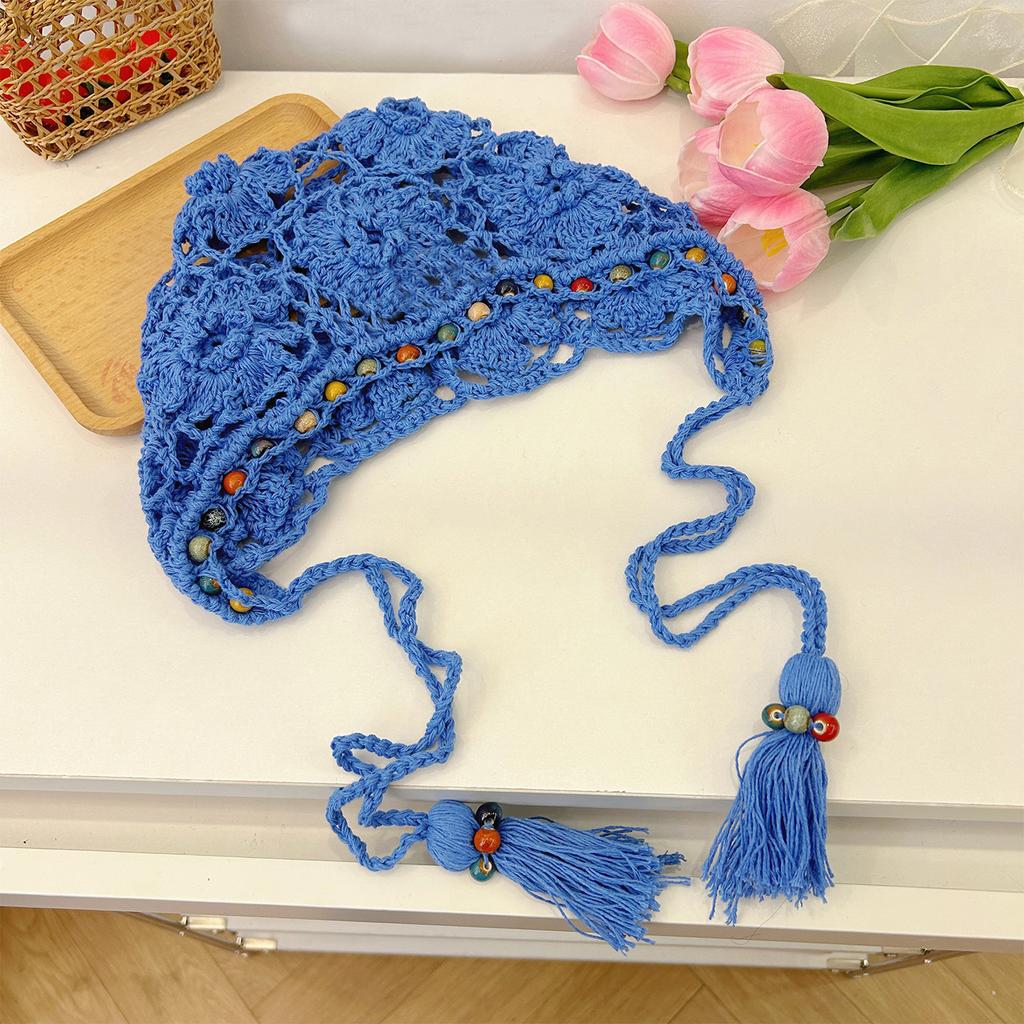 Women's Spring and Summer Retro Ethnic Style Hat Bohemian Flowers Tassel Bag Head Hat Hand Woven Hollow Bag Head Hat