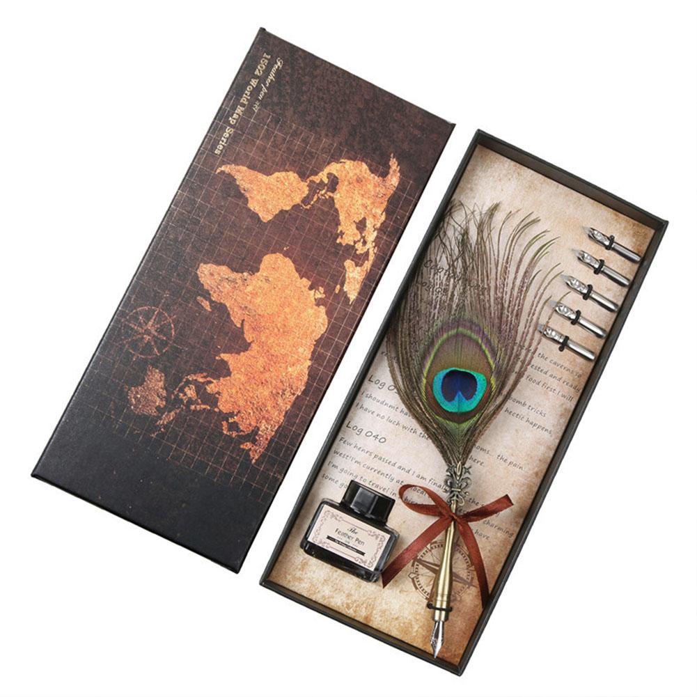 Calligraphy Peacock Feather Dip Quill Pen Writing Ink Set Stationery Gift Box With 5 Nibs