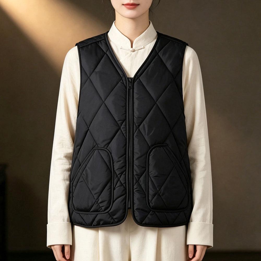 Women's 2025 Collarless Cotton Vest - Autumn/Winter Large Size Round Neck Waistcoat