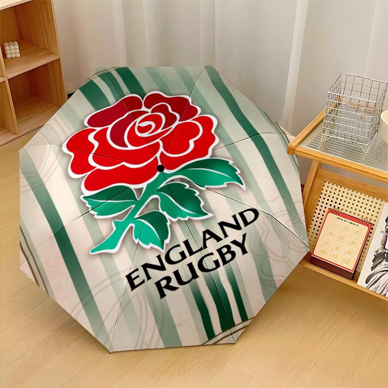 England Rugby Print Auto 8?Ribs Folding Umbrella Wind Resistant Lightweight Automatic Umbrella For Daily Travel