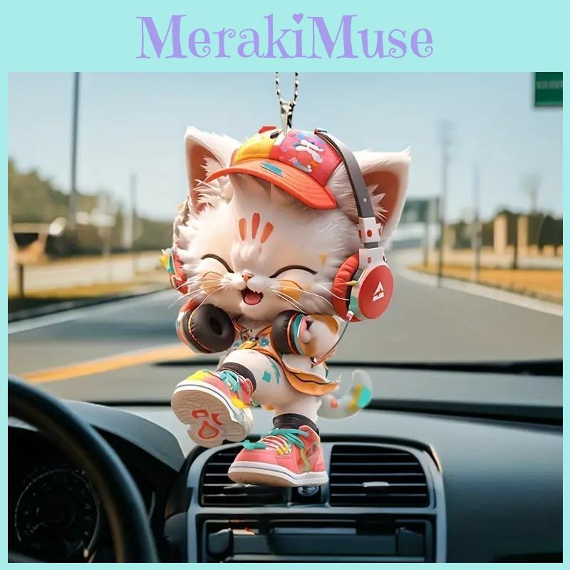 Cute Listening To Music Colorful Cat Pattern, Acrylic Pendant For Fun Vehicle Accessory