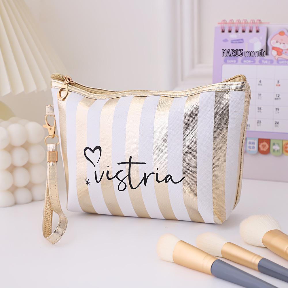 Gestreifte Wasserdichte PU-Leder Kulturtasche - Große Kapazität Handheld Sechseckige Make-up-Aufbewahrung für Damen