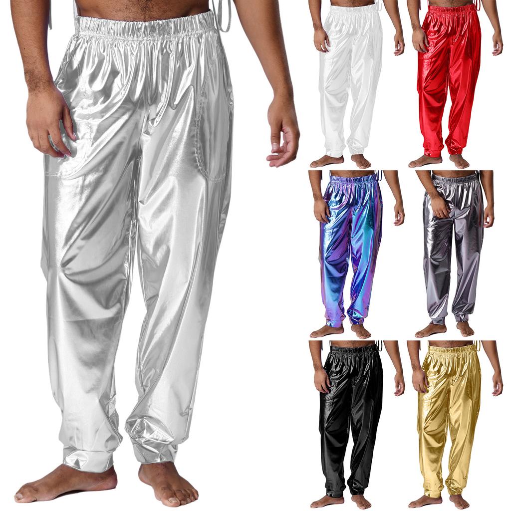 Mens Shiny Sport Pants Metallic High Waist Elastic Waist Loose Fit Modern Dance Pants Performance Wear