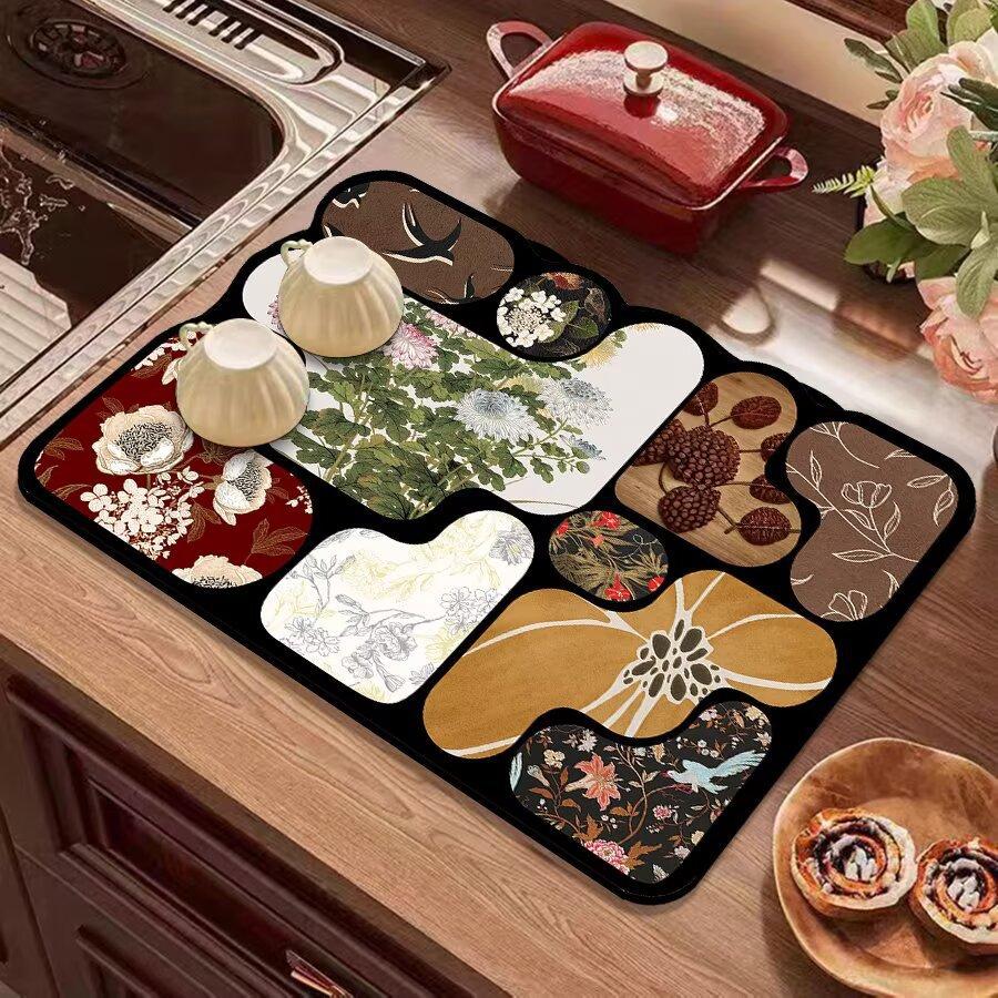 Vintage Kitchen Countertop Draining Mat Tableware Mat Non-Slip Mat Microwave Oven Top Mat Placemat Heat Insulation Mat