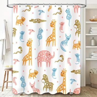 Animal Pattern Shower Curtain Set Bathroom Decor for Kids Room Multicolor Giraffe Elephant Print Waterproof Fabric Shower Curtai