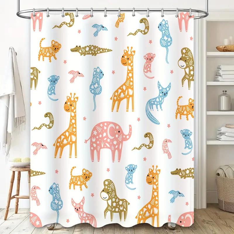 Animal Pattern Shower Curtain Set Bathroom Decor for Kids Room Multicolor Giraffe Elephant Print Waterproof Fabric Shower Curtai