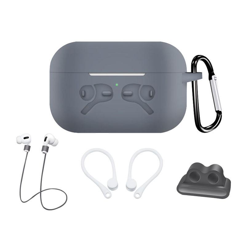 5-in-1 Earphone Case for Airpods Pro Headset Full Protective Soft Silicone Case+Carabiner+Anti-lost Strap+Ear hook+Buckle