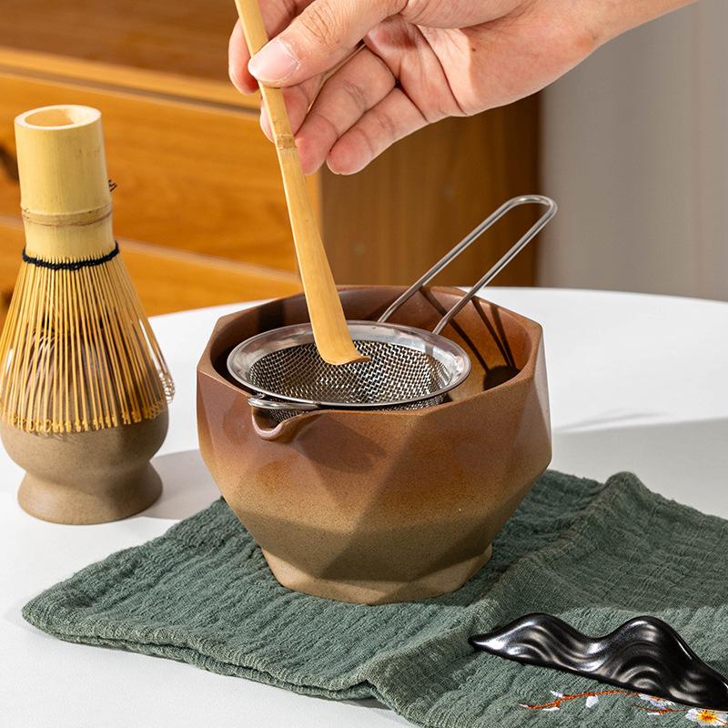 5-8pcs INS coarse pottery gradual change color tea stand matcha bowl set to order tea retro Matcha whisk set of tea tools