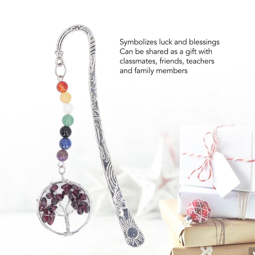 Stone Tree Bookmark Decorative Exquisite Healing 7 Chakra Metal Bookmark for Teacher Students Women Garnet