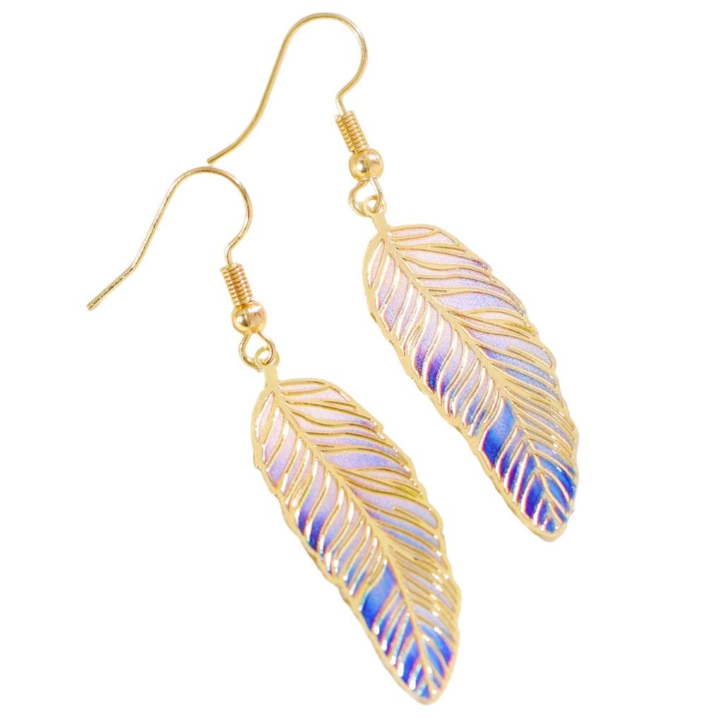 Gradient Feather Dangle Earrings Iridescent Enamel Leaf Drop Earrings Gold Tone Hook Earrings for Women
