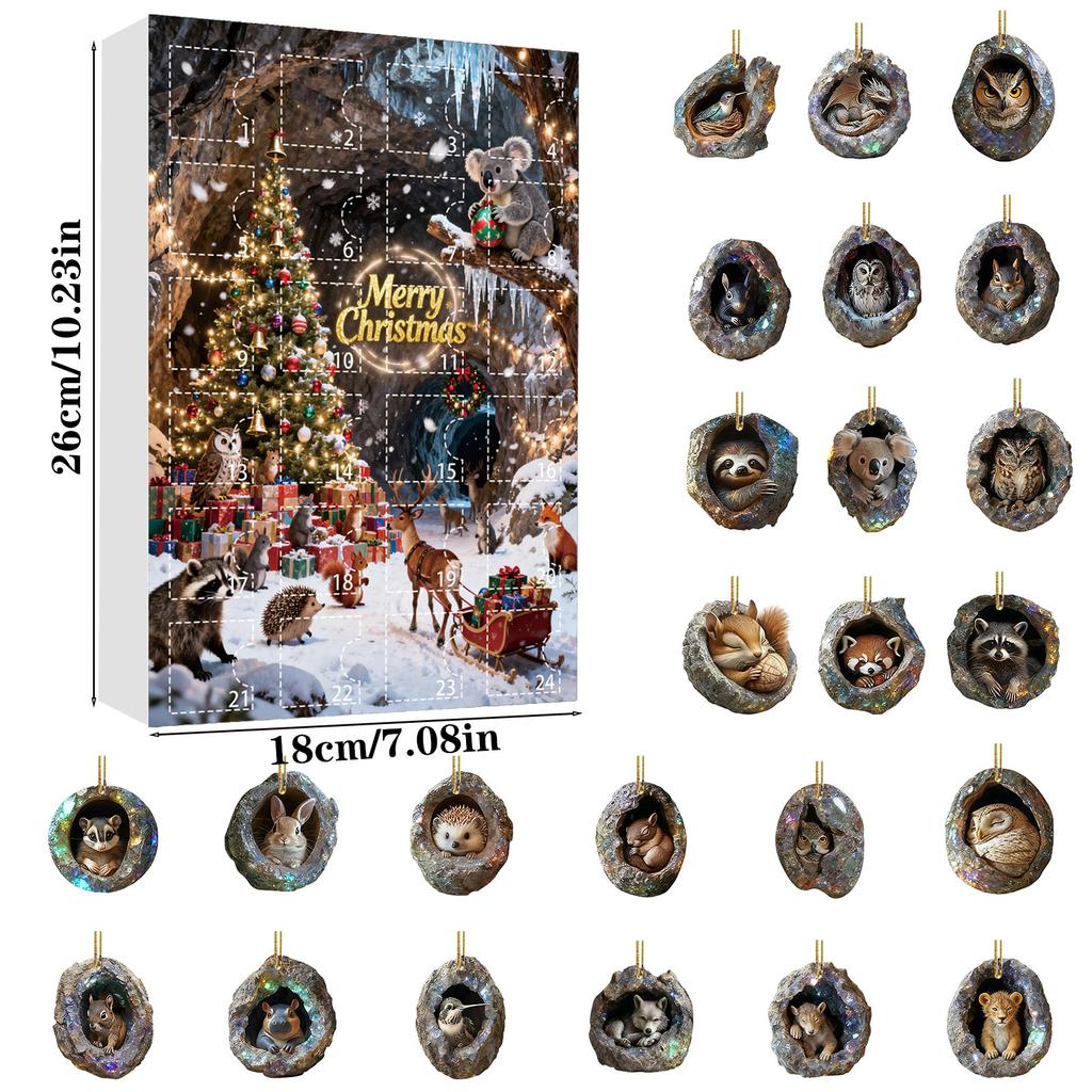2025 24-Day Cute Animal Countdown Calendar, Adorable Animal-Themed Decorations, 2D Flat Acrylic Hanging Ornament