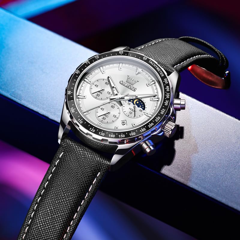 OLEVS Quartz Popular Hand Watch Business Student Moon Phase Chronograph Watch for Men Present Luminous Waterproof Date Leather Belt White Men's