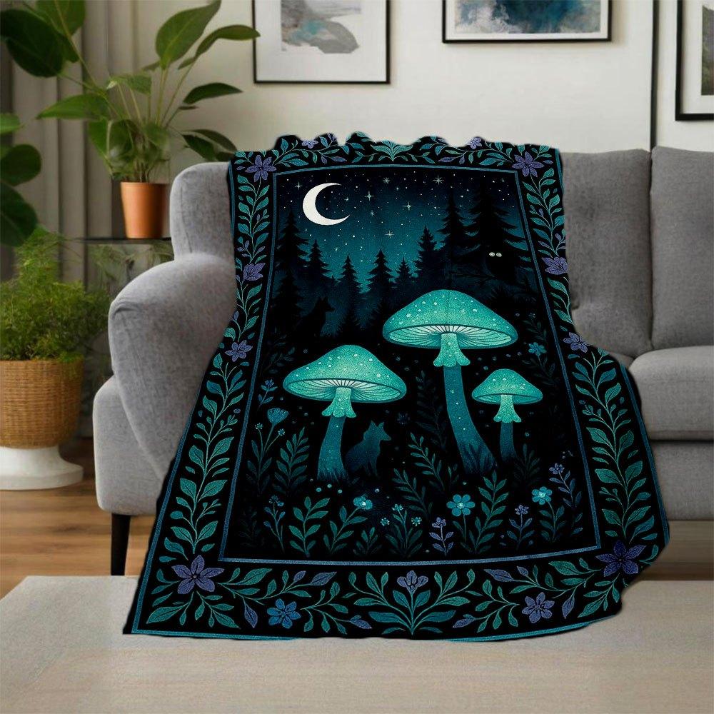 Glow-in-the-Dark Forest Mushroom Wall Art PrintBlanket Flannel Throw Blanket for Sofa, Bed, Travel, Camping, Office, Couch, Chair, And Bed G