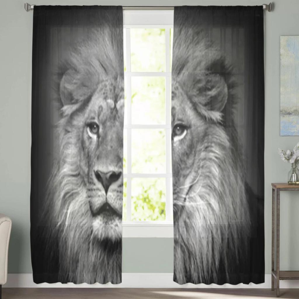Lion Chiffon Sheer Curtains For Living Room Bedroom Decoration Window Tulle Curtains Drapes