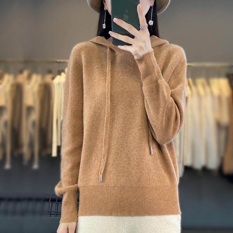 Women's Pure Wool Loose Knit Hoodie - Solid Color, Long Sleeve, Drawstring Hood, Casual Fashion Warm Pullover