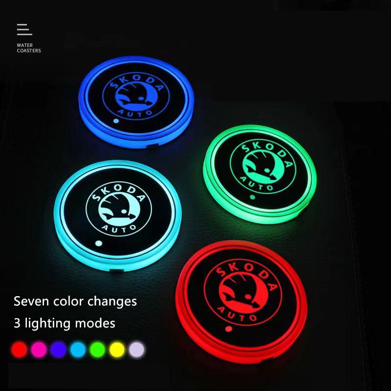 Vbjny0 7 Color LED Car Cup Holder Light Luminous Coaster Water Cup Pad For Skoda Octavia A5 A7 RS Fabia Superb Accessories