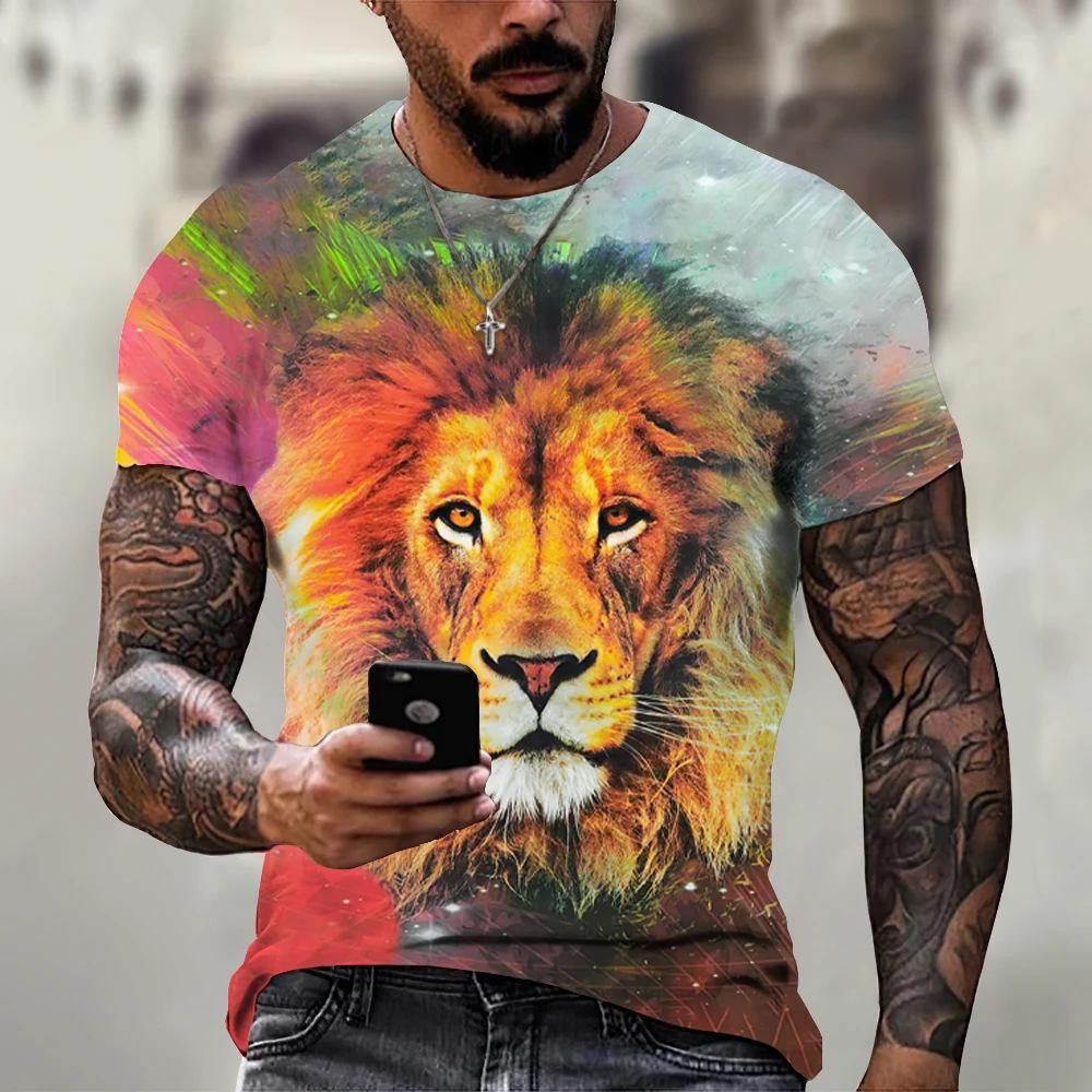 

Летняя футболка с круглым вырезом и 3D-принтом с животным львом, модная повседневная мужская футболка с коротким рукавом 6XL