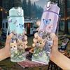 1 Stück Mehrrassen-Kätzchen Florale Collage 750ml Farbe Kunststoff-Wasserflasche Auslaufsicherer Klappdeckel mit Strohhalm Für Sport, Büro, Heimgebrauch