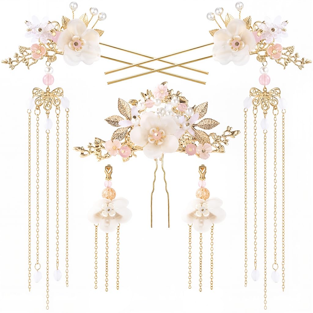 MAYCREATE® 5Pcs Flower Tassels Hair Pin Crystal Rhinestone Pearl Headpiece Drop Earrings Retro Brides Hair Accessories for Women Girls