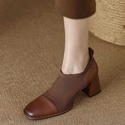 Mode Retro Gespleißte High Heels Damen 2024 Herbst Gestrickt Gespleißte Quadratköpfige High Heels Pendler Damenschuhe Zapatos Mujer Traf