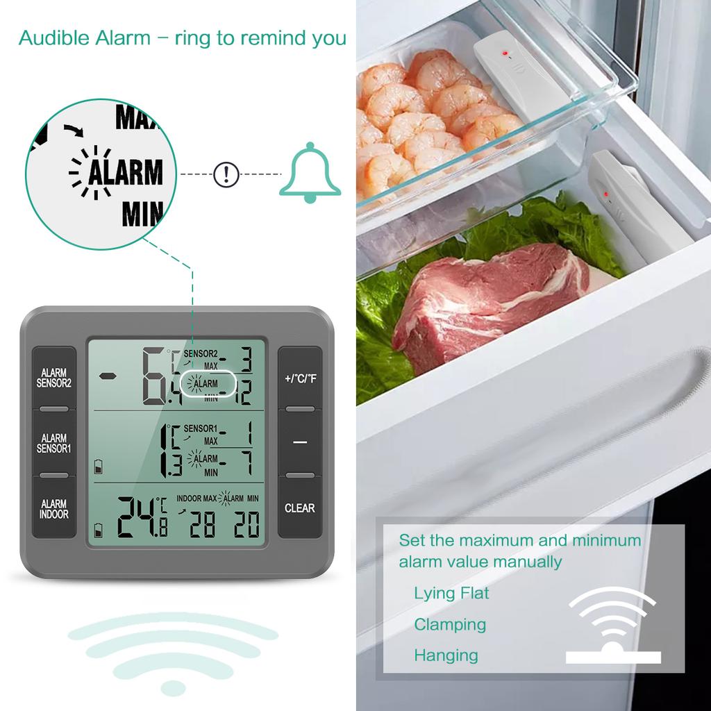 ORIA Fridge Thermometer Digital Freezer Thermometer with 2 Sensors Refrigerator Therm Wireless Indoor Thermometer for Home