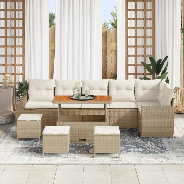 Ensemble de canapé de jardin vidaXL 10 pièces avec coussins beige poly rotin acacia, Ensemble de salle à manger de jardin 3361901