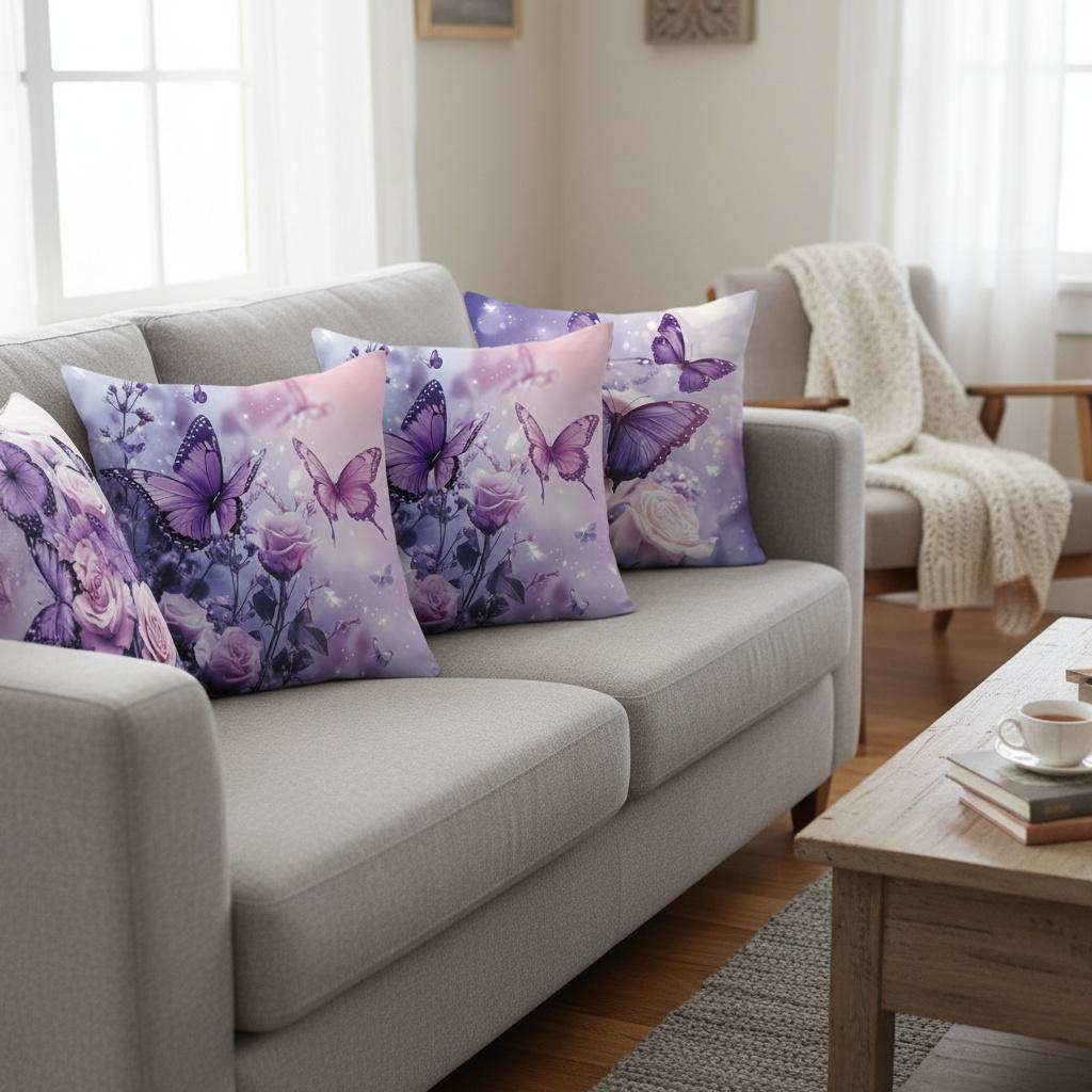 Purple Butterflies And Pink Roses Printed Cushion Covers Polyester pillowcase, sofa decorative cushion cov Headboard Pillow