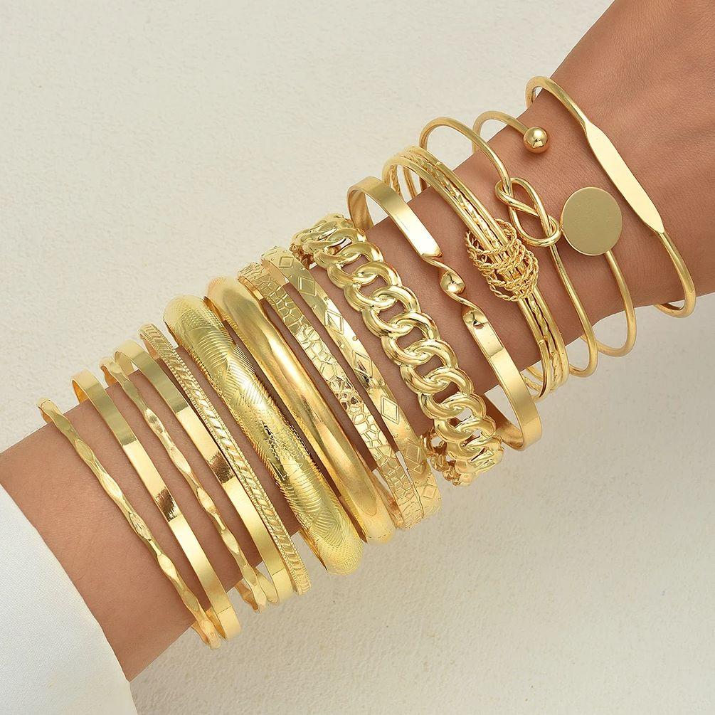 iF ME 15 Piece Fashion Knotted Printed Metal Iron Bangle Set Jewelry Women Trendy Shiny Daily Party Accessory Decorative Gift For Her