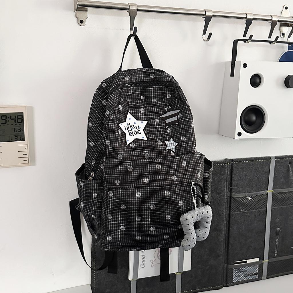 Schoolbag Korean Ins Versatile Plaid Backpack Female Large Capacity Cartoon Star Polka Dot Student Schoolbag Female Casual Back
