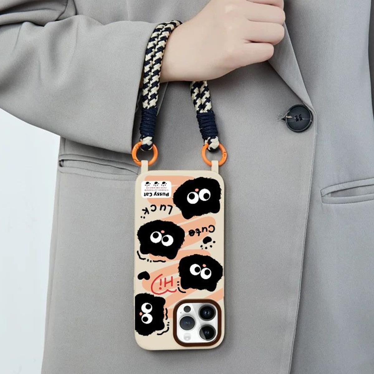 

Hanging Rope Card Bag Phone Case Black Coal Ball Cat for Apple 17PRO Internet Celebrity Personalized Card Bag Bracelet Phone Case For iPhone 16 Pro Max
