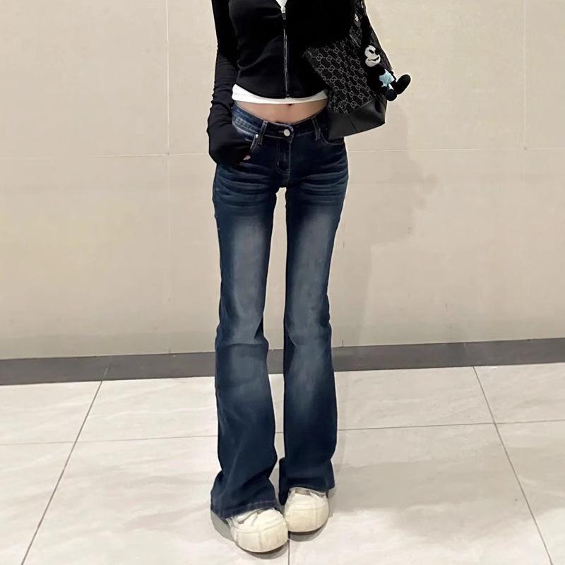 Spicy Girl Deep Blue High Waist Bootcut Jeans - Petite Elastic Slimming Distressed Straight Leg Pants