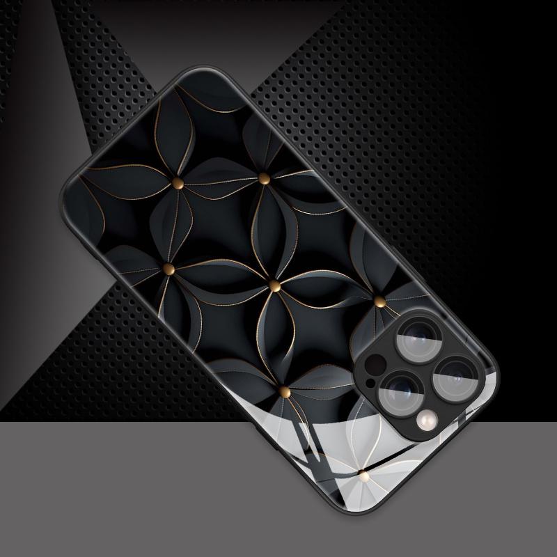 Black gold line flower pattern tempered glass phone case suitable for iPhone 17 16 15 14 13 12 11 Pro Max Plus scratch resistant