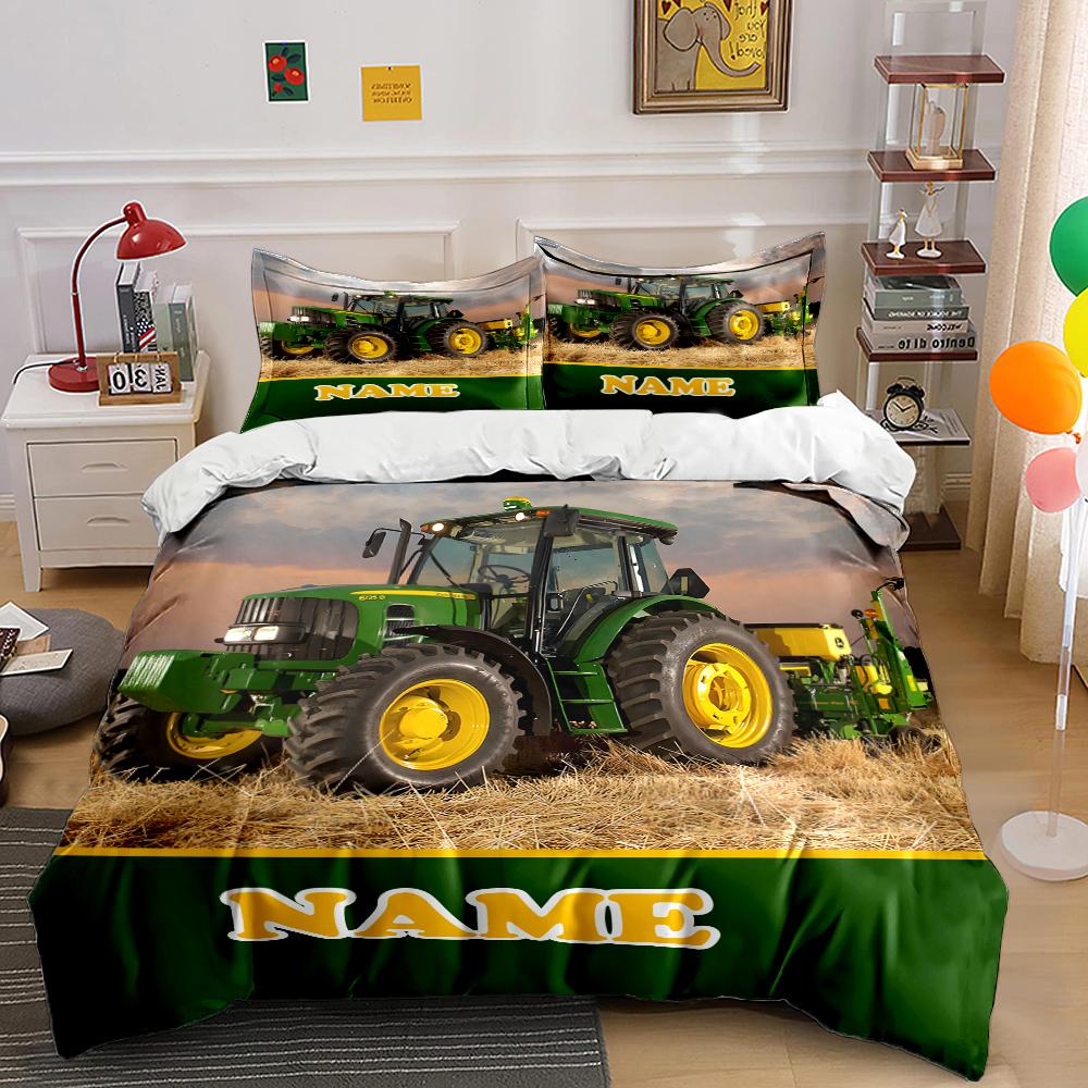 Name Customized Tractor Printed 3PC Quilt Cover Pillowcase Bedding Set Children Adult Comfortable Bedding Set Luxury Gift