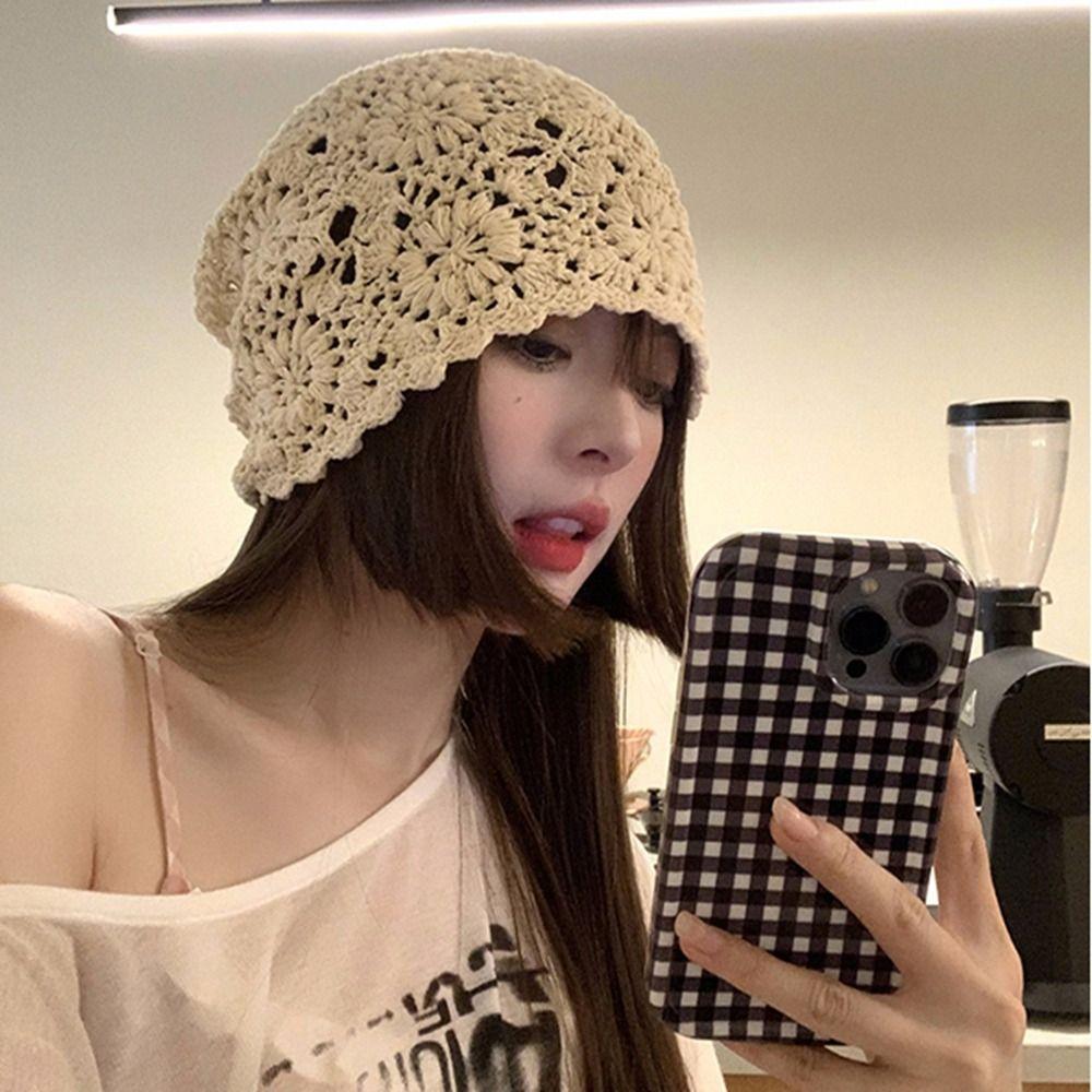 Hollow Out Crochet Flower Knitted Hat Ethnic Style Knit Cap Fashion   Girls