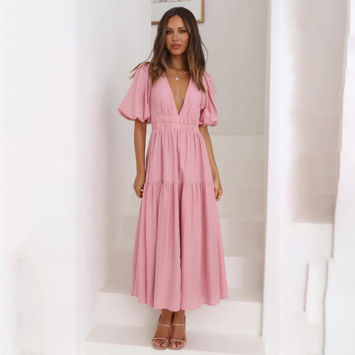 

Женское весеннее однотонное платье с короткими рукавами-фонариками, летнее повседневное платье с V-образным вырезом и высокой талией длиной до щиколотки, размер S-XL L розовый