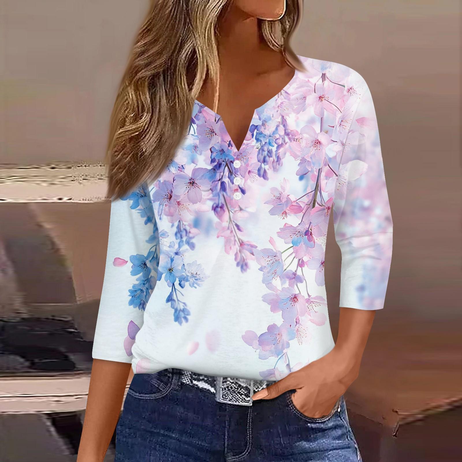 

Жен. Футболка Футболка С принтом Пуговицы Рукав 3/4 Повседневные Выходные Мода Классический V-образный вырез Обычный Топ XXL