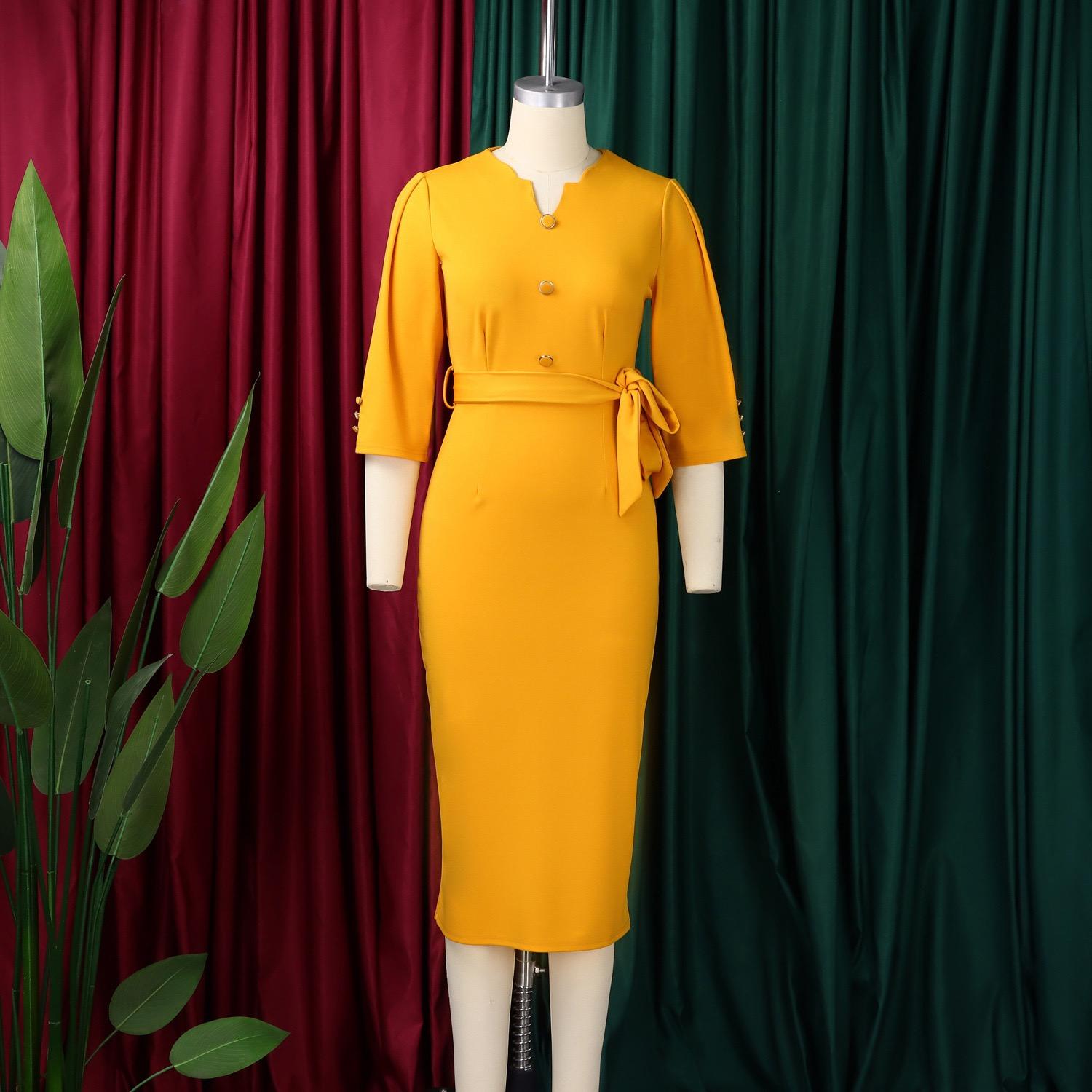 

Elegant Women V Neck Bodycon Dresses Long Sleeve Buttons Plus Size Package Hips Dress 2026 New S жёлтый